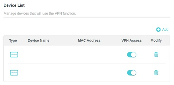 TP-Link, Device List: устройства с переключателем VPN Access