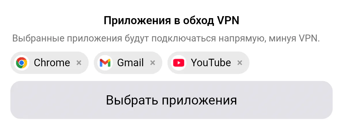 Окно «Раздельное туннелирование» на Android, режим «Ручной ввод»: блок «Приложения в обход VPN» с выбранными приложениями и кнопкой «Выбрать приложения»